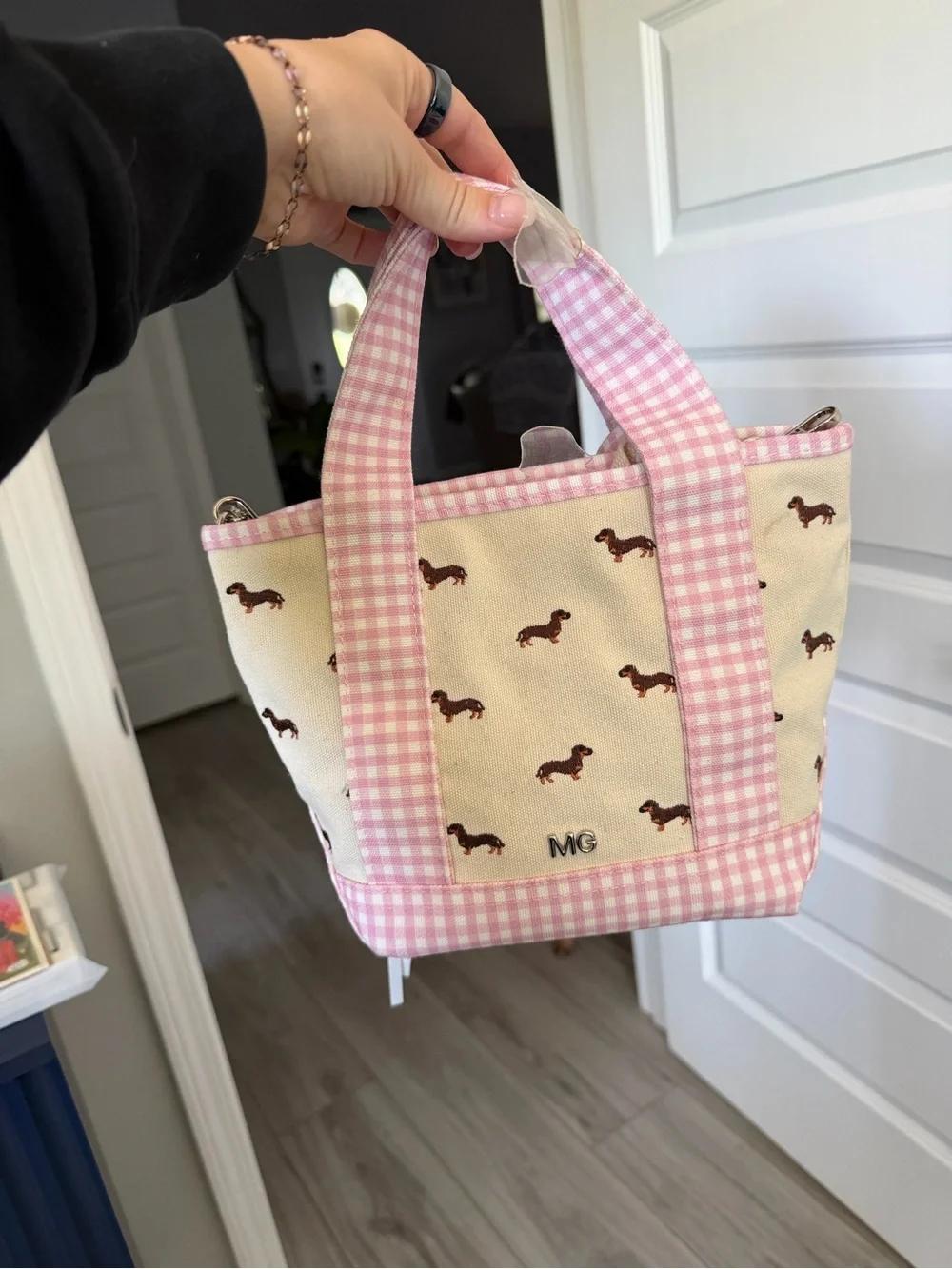 Viral Pink Gingham Dachshund Tote Bag with Plush Charm